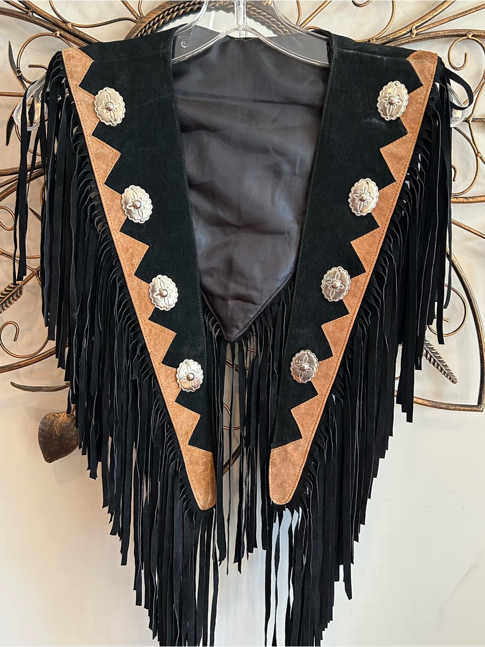 Fringed Western Suede Vest Scarf with Conchos - Black